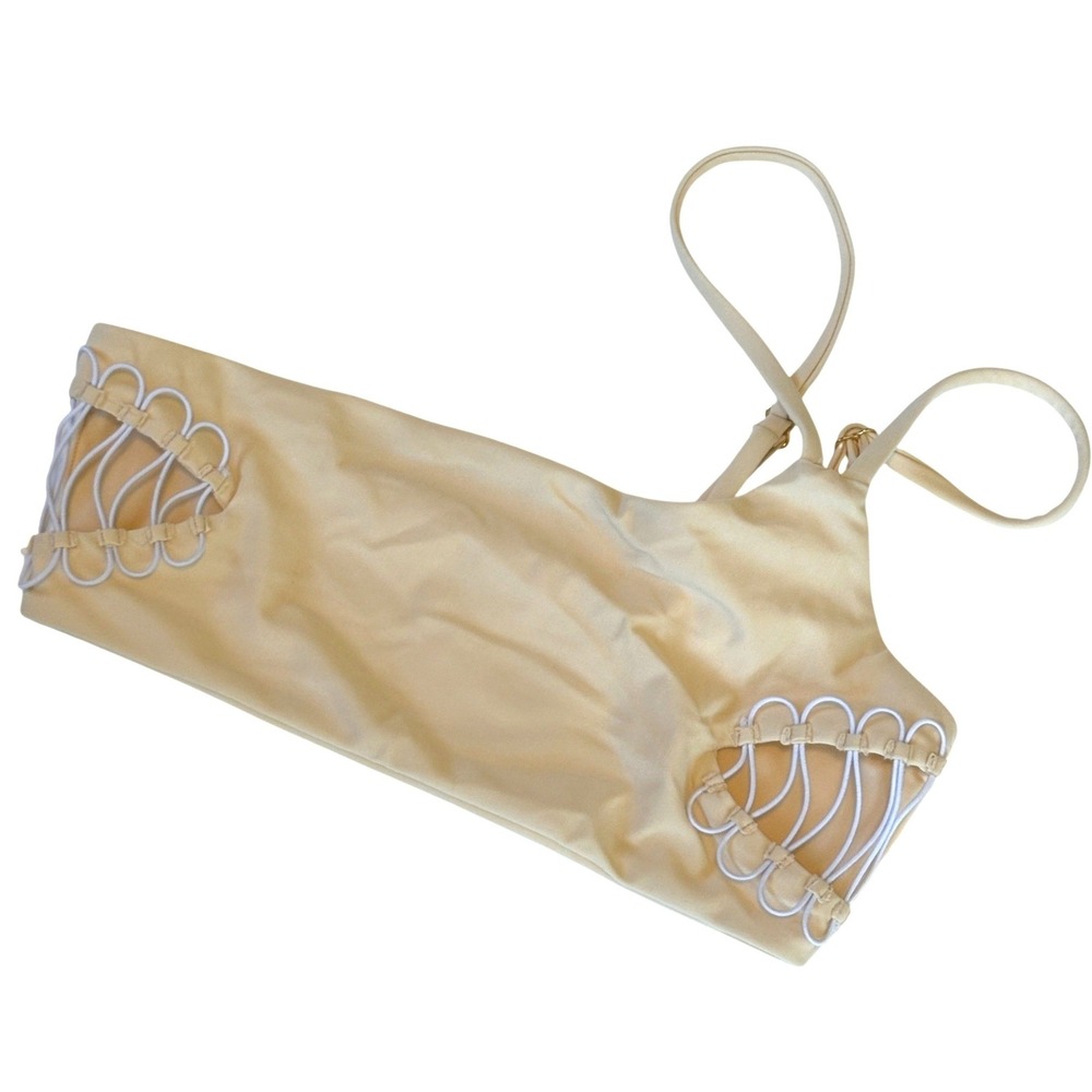 Camila Coelho Bikini Top Tan Womens XXS One Shoulder Side Cutout Gold Hardware